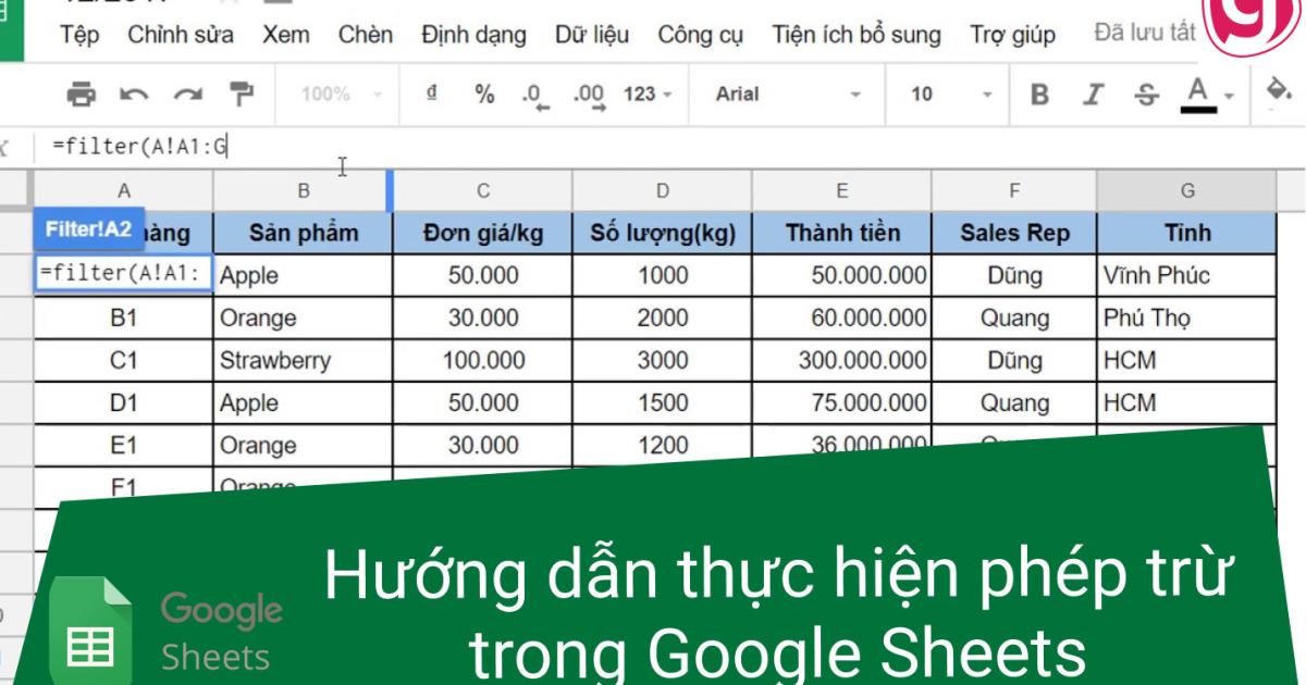 Hướng dẫn thực hiện phép trừ trong Google Sheets